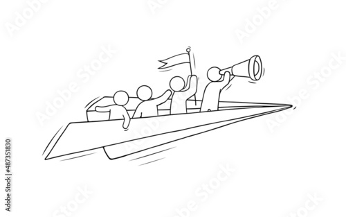 Businessman watching through telescope sitting on paper plane