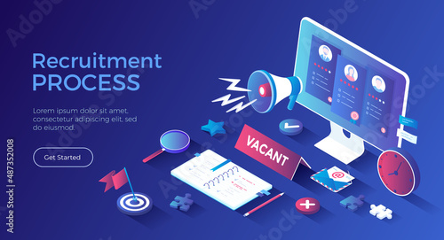 Recruitment Process. Human Resource Management and Hiring concept. Choosing the best candidate, search for a new employee. Isometric landing page. Vector web banner.