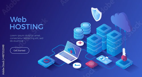 Web hosting, Сloud computing storage, Database, Network connection. Hosting servers, computer, cloud. Isometric landing page. Vector web banner.