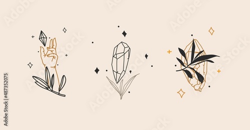 Hand drawn vector abstract stock flat graphic illustrations collection set with logo elements,bohemian magic art sign of crystal gem stone in human hand and stars in simple style for branding.