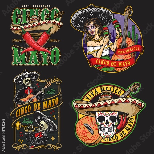 Vintage set with mexican musicians and symbols