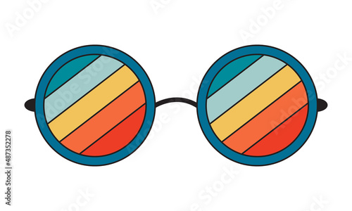 Vector 70s psychedelic sunglasses with abstract rainbow reflection. Retro groovy glasses for design and print. Cartoon hippy sticker. Vintage illustration