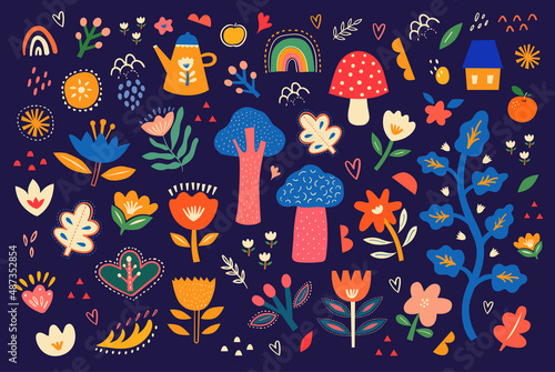Beautiful flower collection with flowers, trees, rainbows,  leaves, floral bouquets, flower compositions.	