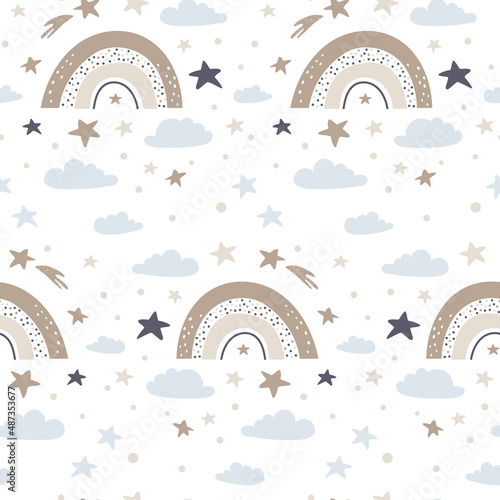 Seamless pattern with cute rainbows and clouds. Vector Illustration