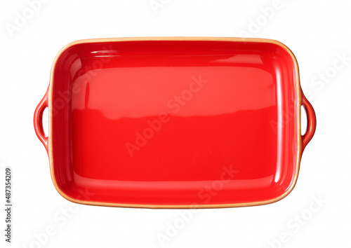 red enamel ceramic baking dish isolated on white