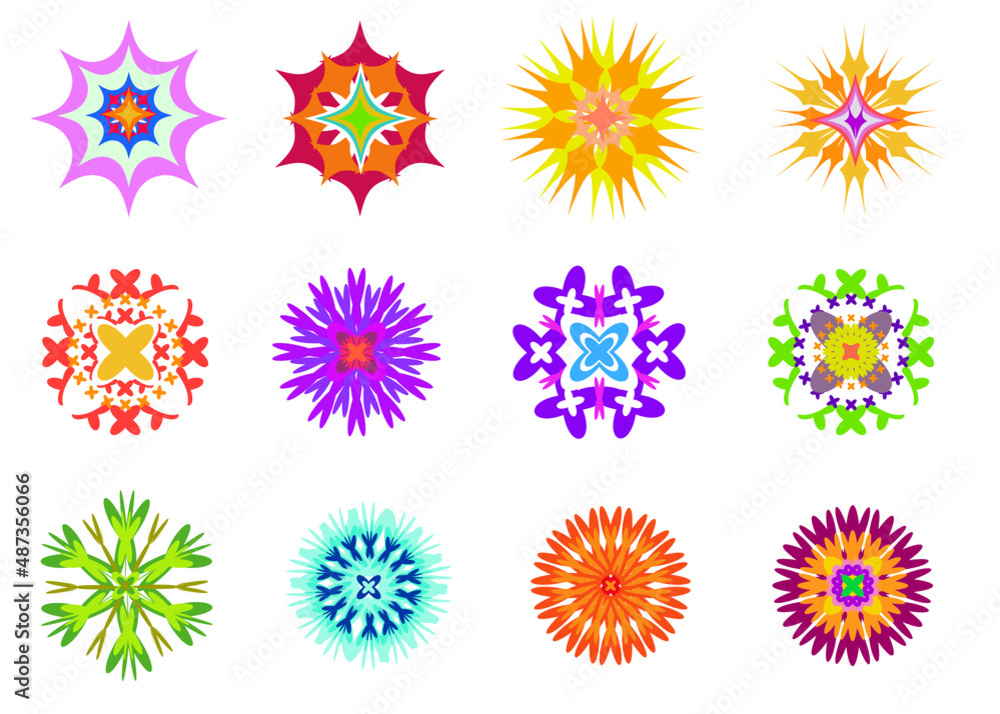 Set of flat flowers icons in silhouette isolated on white. Simple retro illustrations of bright colors for stickers, labels, tags, gift wrapping paper. Colored flowers Set of flat flowers icons in silhouette isolated on white. Simple retro illustrations of bright colors for stickers, labels, tags, gift wrapping paper. Colored flowers