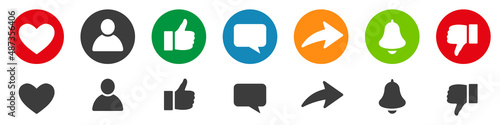 Set of social media icons. Like, comment, heart, repost, share, subscribe. Collection of simple social media icons and icons with circle.