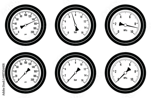 Dial pressure gauges. Flat icons. Vector illustration