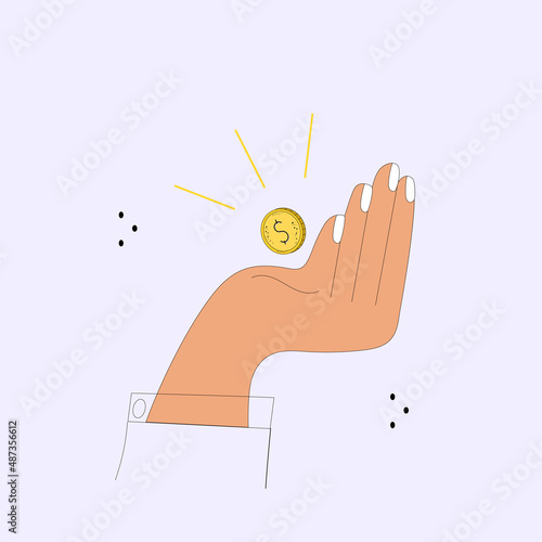 A hand with fingers and a palm into which a gold coin falls. The concept of a successful business, full of prosperity in life.  Place for text