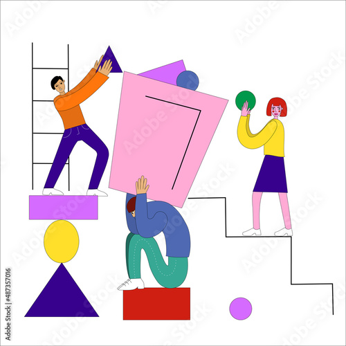 Teambuilding employees, business partners, colleagues hold geometric shapes. The concept of teamwork.