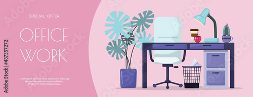 Flat vector banner template for office, business solutions, startup, time management, planning and strategy. Modern cartoon illustration concepts for website, office work, freelance, distance work