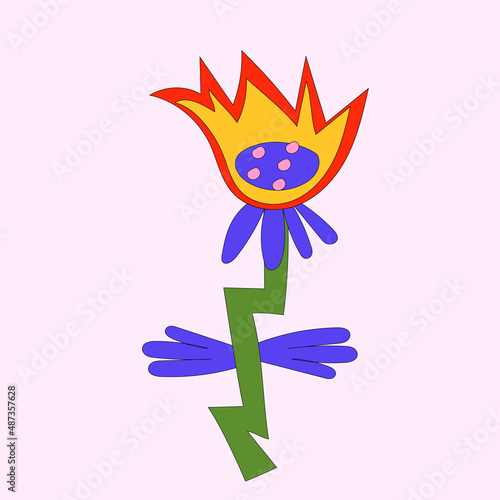 A bizarre psychedelic flower in the A bizarre psychedelic flower in the hippie style of the 60s and 70s. An element of a botanical pattern. Summer print. Place for text