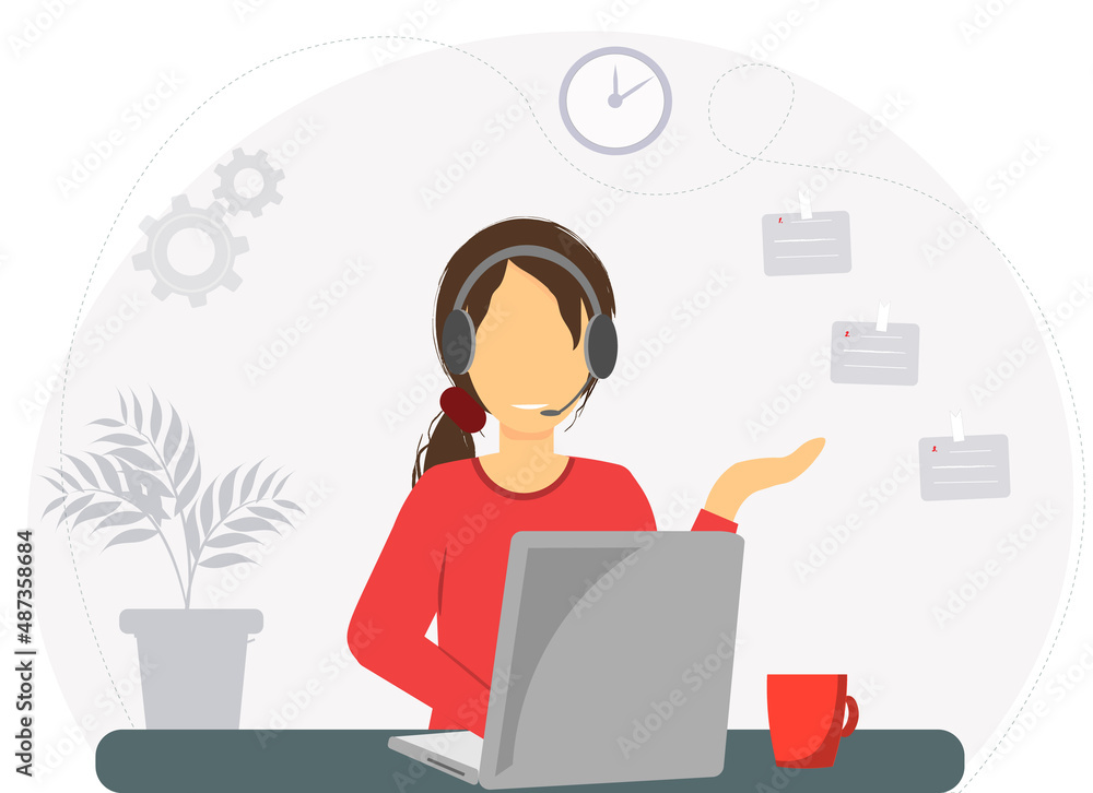Young happy woman, student sittind at the desl with laptop sitting, working at home concept, freelance work concept, studying, education, work from home, flat vector illustration Young happy woman, student sittind at the desl with laptop sitting, working at home concept, freelance work concept, studying, education, work from home, flat vector illustration