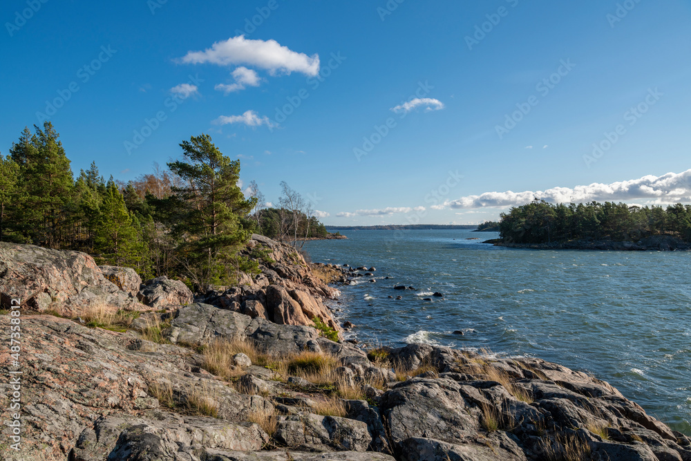 Rocky coastal view and Gulf of Finland, trees, shore and sea, Kopparnas-Klobbacka area, Finland