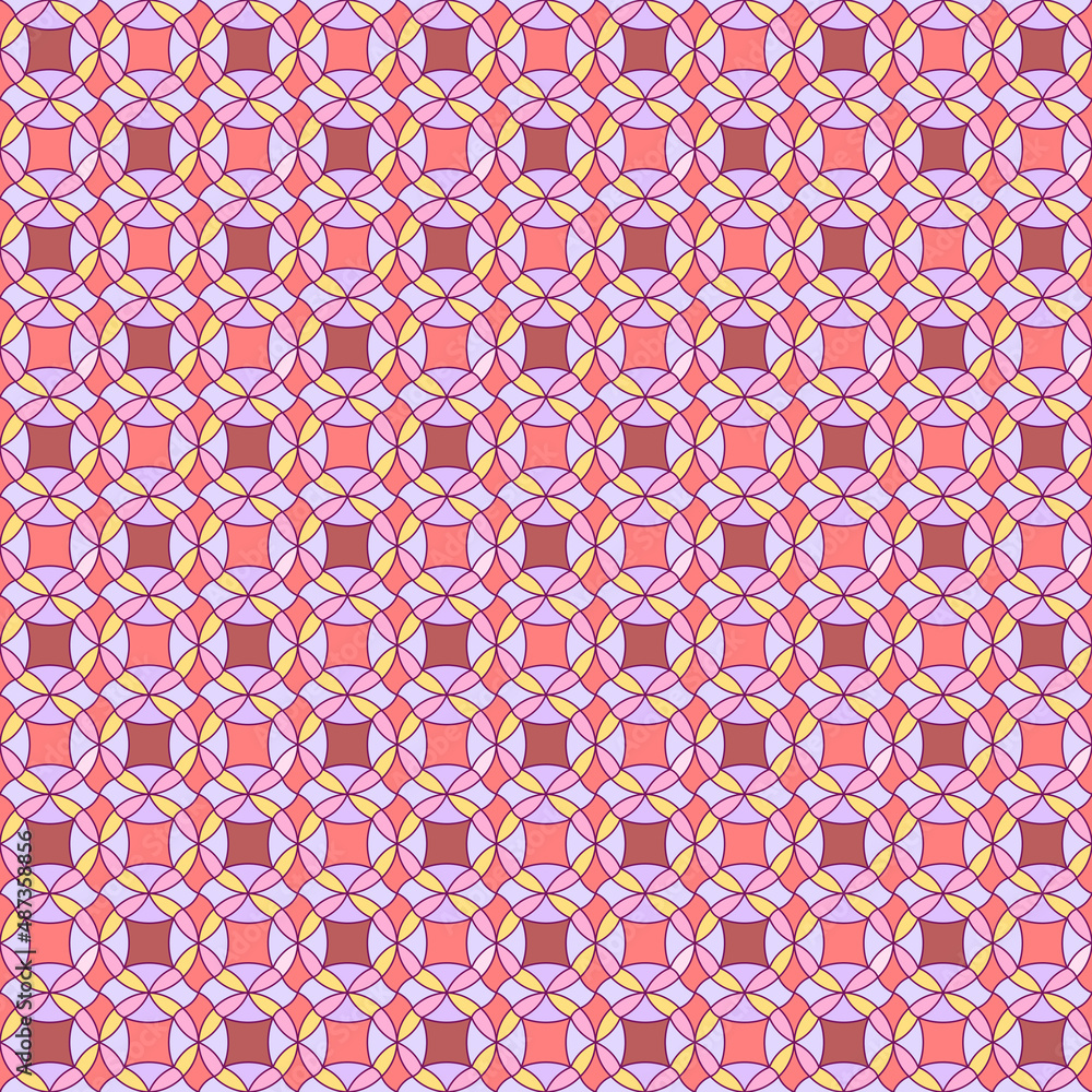 Abstract romantic pattern with rounded geometric and floral shapes in soft delicate colors