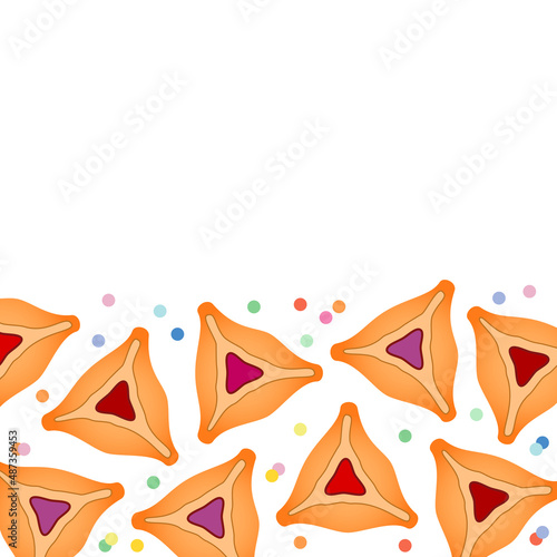 Vector illustration of jewish holiday Purim with traditional hamantaschen cookies. Purim Hamantashen or Oznei Haman background with copy space photo