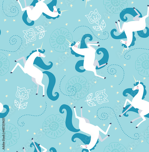 Magical and Elegant Unicorn Seamless Vector Pattern. Unicorns prance and frolic around a dreamy scattering of stars. Repeating pattern can be used for packaging, backgrounds, or fabric designs.