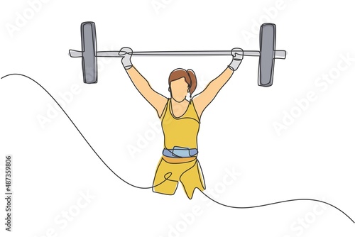 Single continuous line drawing of young strong weightlifter woman preparing for barbell workout in gym. Weight lifting training concept. Trendy one line draw graphic design vector illustration