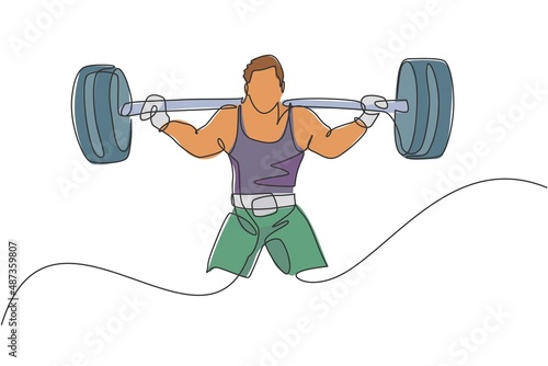 Single continuous line drawing of young strong weightlifter man preparing for barbell workout in gym. Weight lifting training concept. Trendy one line draw design vector graphic illustration