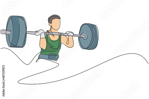 One single line drawing of fit young athlete muscular man lifting barbells working out at a gym vector illustration. Weightlifter preparing for training concept. Modern continuous line draw design