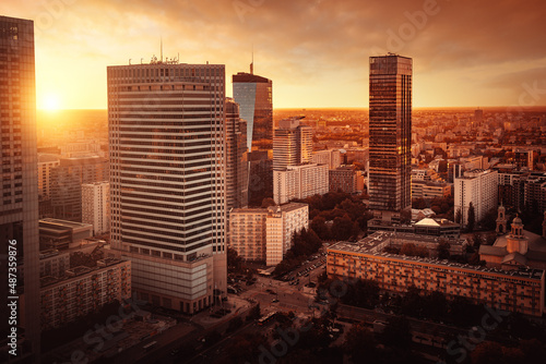 Aerial view of Warsaw Modern Buildings at sunset - Warsaw, Poland