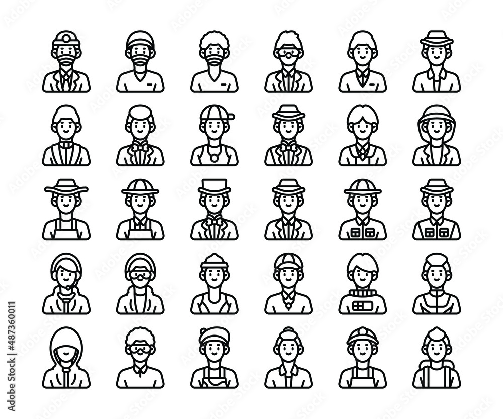 Simple set of 30 Male Occupation Avatar icons in detailed outline style Simple set of 30 Male Occupation Avatar icons in detailed outline style