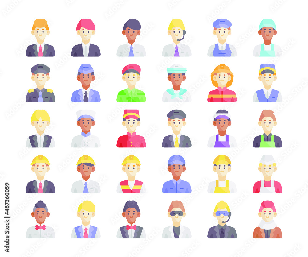 Simple set of 30 Male Occupation Avatar icons in detailed flat style Simple set of 30 Male Occupation Avatar icons in detailed flat style