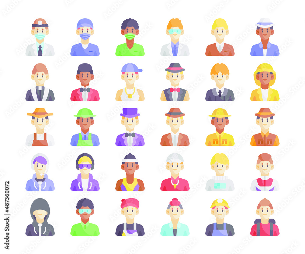 Simple set of 30 Male Occupation Avatar icons in detailed flat style