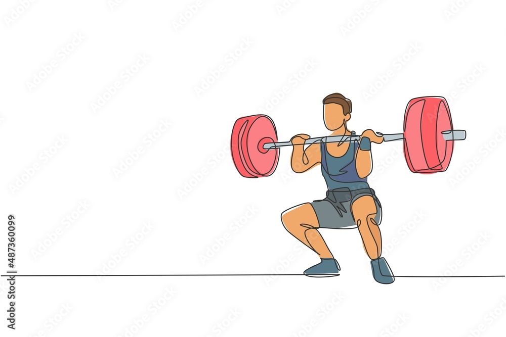Single continuous line drawing of young strong weightlifter man preparing for barbell workout in gym. Weight lifting training concept. Trendy one line draw graphic design vector illustration