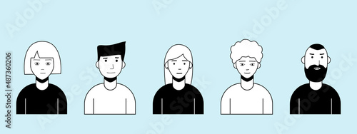 Stylish set of flat black and white avatars of people to represent in social networks, avatars of different people, nationalities and age, avatars as icons isolated on blue background. Vector graphics