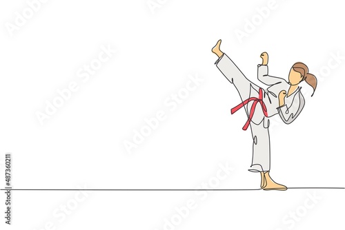 Single continuous line drawing of young confident karateka girl in kimono practicing karate combat at dojo. Martial art sport training concept. Trendy one line draw design vector graphic illustration