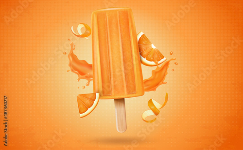 Orange popsicle stick ice cream with orange fruit pieces and juice splash vector illustration