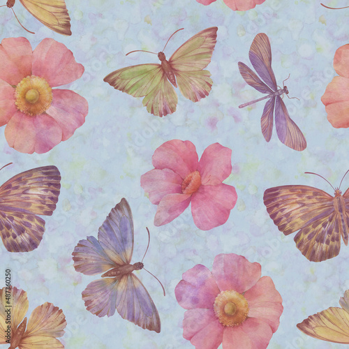 Seamless pattern with butterflies and flowers. watercolor and digital illustration. seamless botanical background. Template design for  textile  wallpaper  wrapping paper  packaging  print.