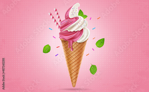 Strawberry and vanilla ice cream in a waffle cone with mint leaves-Vector illustration