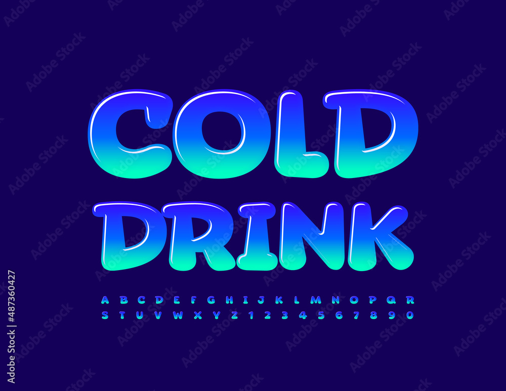 Vector advertising banner Cold Drink. Blue creative Font. Glossy Alphabet Letters and Numbers set Vector advertising banner Cold Drink. Blue creative Font. Glossy Alphabet Letters and Numbers set