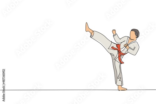 Single continuous line drawing of young confident karateka man in kimono practicing karate combat at dojo. Martial art sport training concept. Trendy one line draw design vector graphic illustration