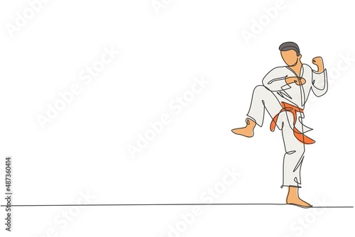 One single line drawing of young sporty karateka man in fight uniform with belt exercising martial art at gym vector illustration. Healthy sport lifestyle concept. Modern continuous line draw design