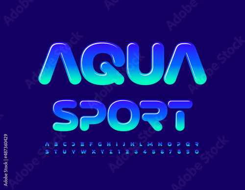 Vector creative Logo Aqua Sport. Unique Glossy Font. Artistic Alphabet Letters and Numbers. 