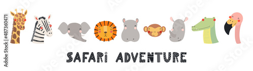 Cute tropical animals faces banner, card, quote Safari adventure, isolated on white. Hand drawn vector illustration. Scandinavian style flat design. Concept kids fashion, textile print, poster, card