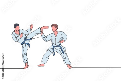 One continuous line drawing of two young talented karateka men train pose for duel fighting at dojo gym center. Mastering martial art sport concept. Dynamic single line draw design vector illustration