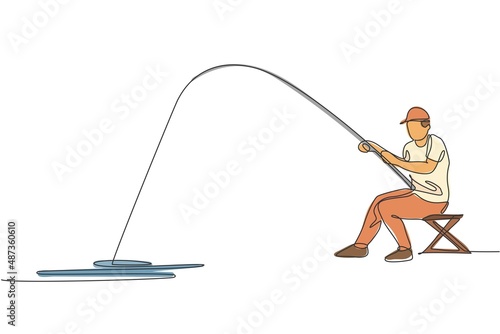 Single continuous line drawing young happy fisher man fly fishing bass fish in open river while siting on chair. Fishing hobby holiday concept. Trendy one line draw design vector illustration graphic