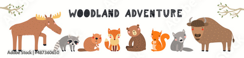 Cute forest animals banner, card, quote Woodland adventure, isolated on white. Hand drawn vector illustration. Scandinavian style flat design. Concept for kids fashion, textile print, poster, card