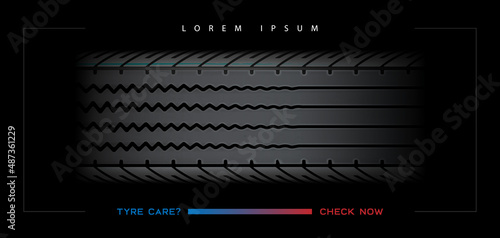 Tire tread depth and tire safety check. How to check tire tread. Advertising poster calling for checking your tires. Black background. Traffic safety. Web design. Tire change.