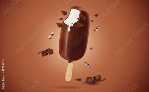 Vanilla Chocolate ice cream popsicle isolated on brown background-vector illustration