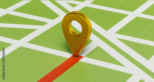 Map or location locator gold marker over red path line, source or template, 3D rendering photo