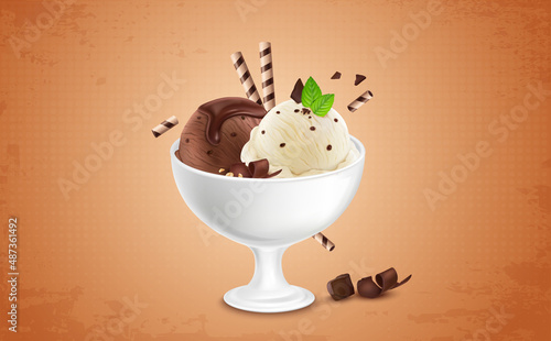 Chocolate and butterscotch ice cream with waffle and mint leaves in ceramic cup vector illustration