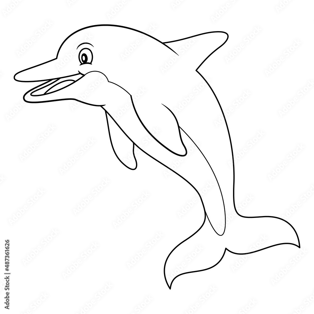 Dolphin line art illustration. Happy smiling face, jumping. Cheerful mascot and character for children and kids coloring book or coloring pages. Uncolored blank outline image on white background. Dolphin line art illustration. Happy smiling face, jumping. Cheerful mascot and character for children and kids coloring book or coloring pages. Uncolored blank outline image on white background.