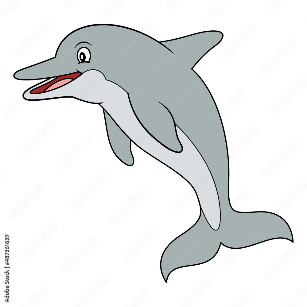 Obraz premium Gray dolphin flat style illustration. Happy smiling face, jumping. Cheerful mascot and character for children. Cute wildlife underwater creature for zoo or aquarium logo or clip art.