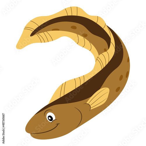 Eel flat style illustration. Happy smiling face. Cheerful mascot and character for children. Cute wildlife underwater creature for zoo or aquarium logo or clip art.