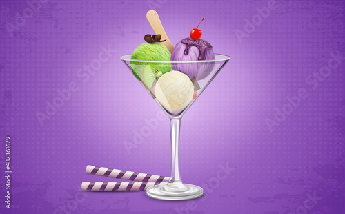 Blueberry, kiwi and butterscotch ice cream in a martini glass with Fruit pieces isolated on purple background
